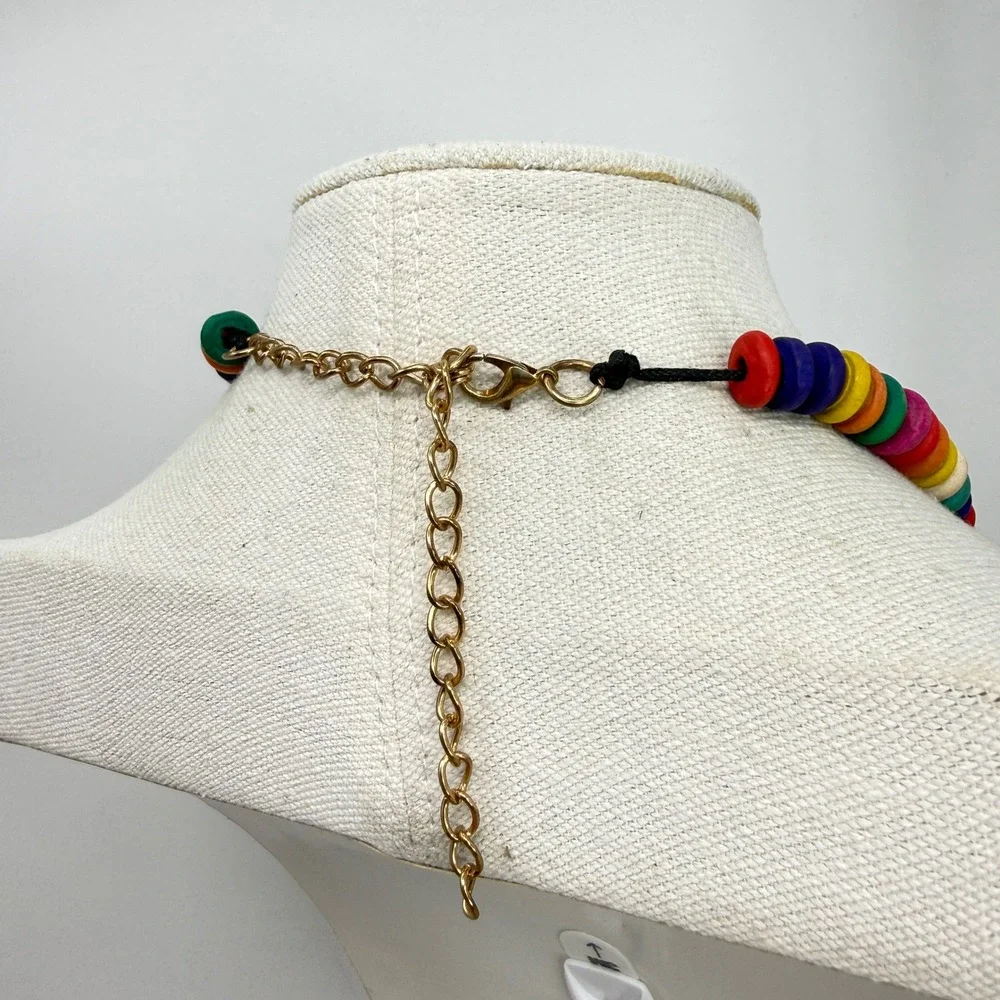 Multicolor Chunky Wood Disc‎ Bead Statement Necklace Rainbow Boho Adjustable